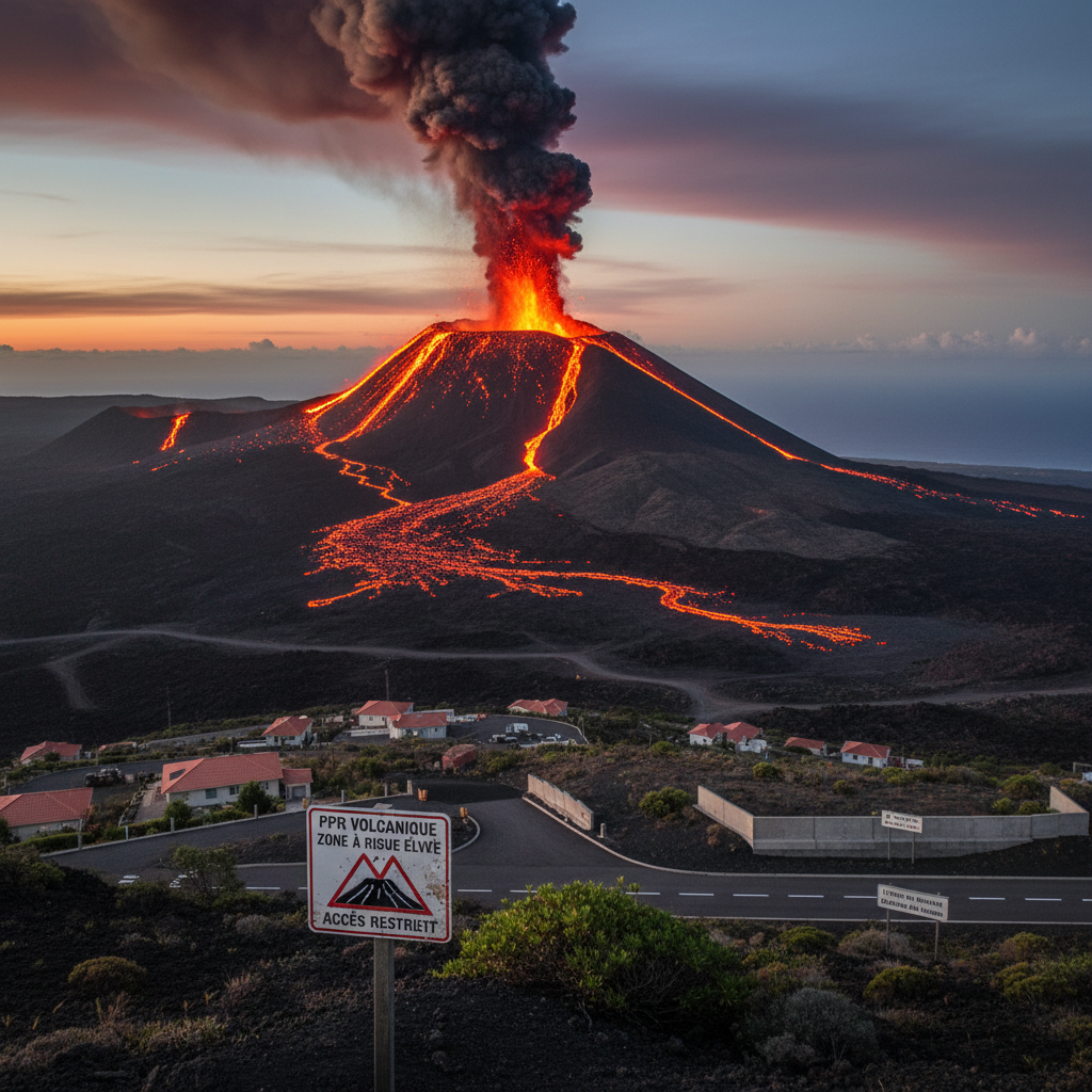 Piton de la Fournaise en éruption avec coulées de lave, illustrant le risque volcanique géré par les PPR à La Réunion